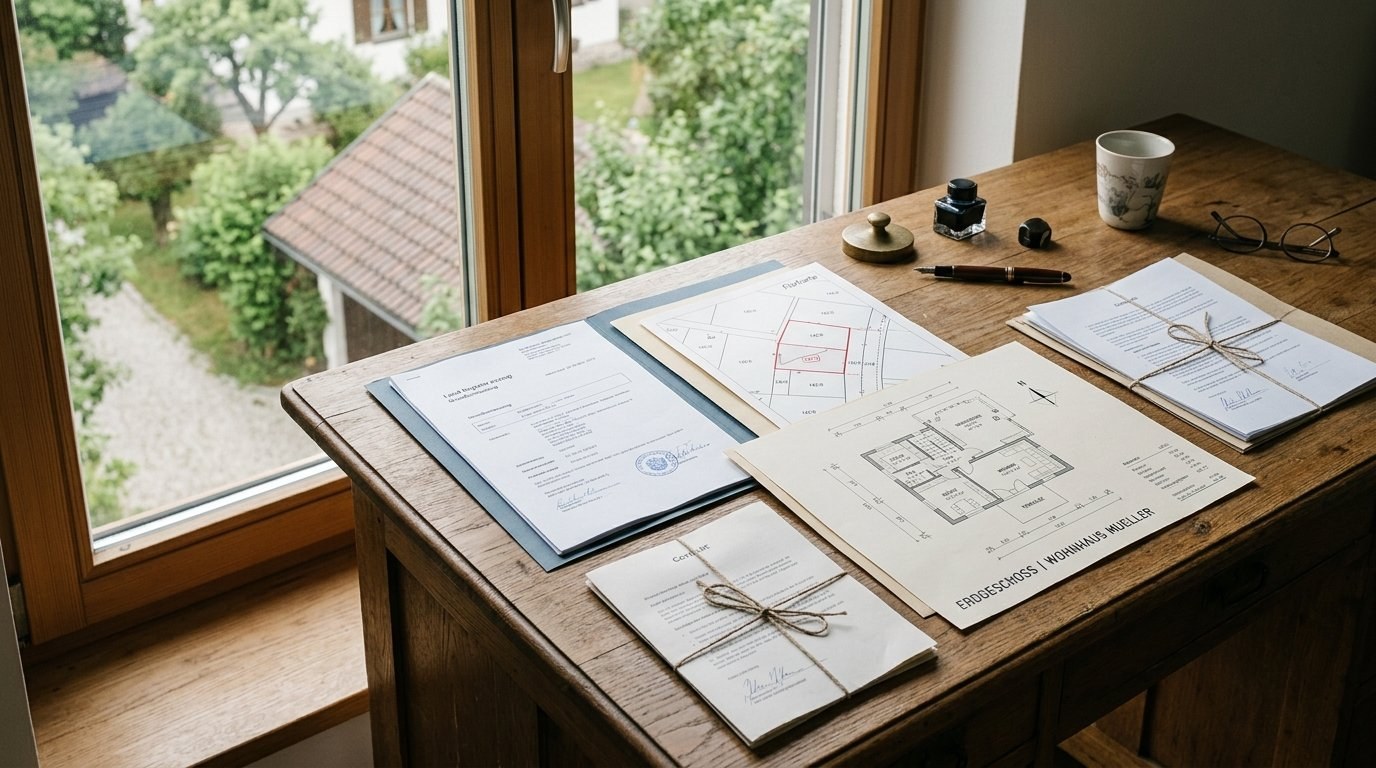 Kaufvertragsunterlagen und Grundbuchauszug auf Holzschreibtisch – Hausverkauf Dokumente